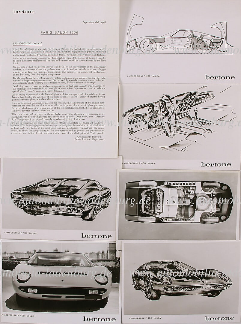 LAMBORGHINI mixed lot with 7 pieces, among it 6 original B/W press photos (Bertone) Lamborghini P400 (1 of 1)