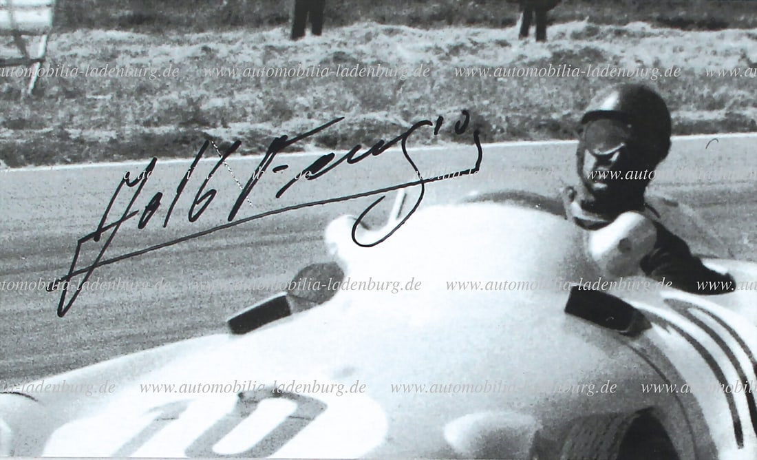 MERCEDES-BENZ handsigned original B/W photo Juan Manuel Fangio in a Mercedes-Benz W196, 1955 Grand (1 of 2)