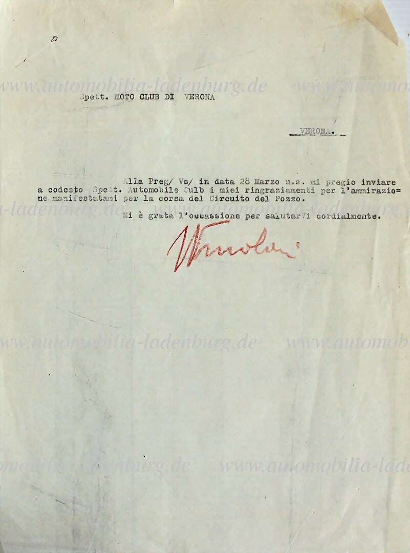 TAZIO NUVOLARI probably 1928, handsigned copy regarding Circuito del Pozzo (Alfa Romeo)   German (1 of 1)