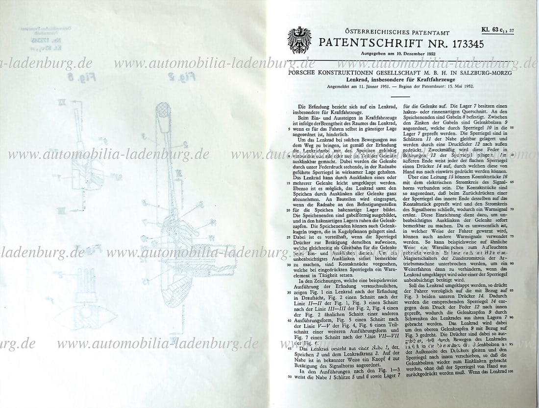 PORSCHE original patent specification "abklappbares Lenkrad", patent No. 173345, steering wheel,: PORSCHE original patent specification "abklappbares Lenkrad", patent No. 173345, steering wheel, especially for automobiles, Porsche Konstruktionen GmbH in Salzburg, registrated on January 11, 1951, h