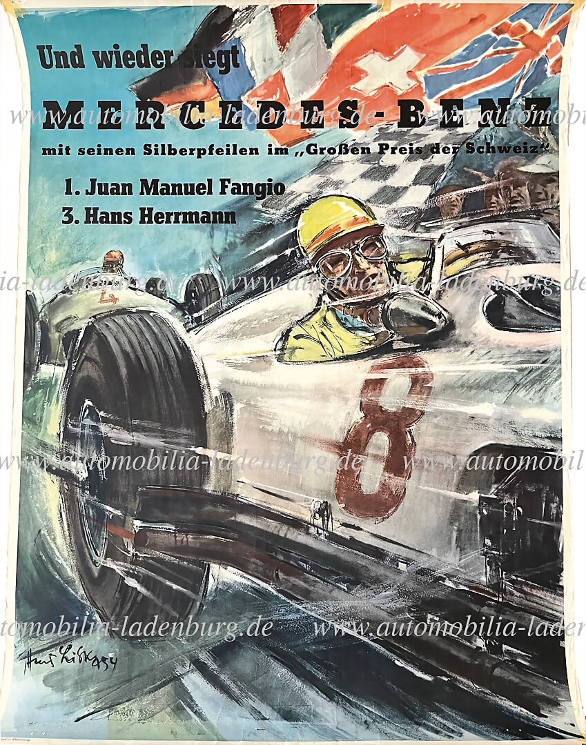 MERCEDES-BENZ original racing poster "Und wieder siegt Mercedes-Benz mit seinen Silberpfeilen im: MERCEDES-BENZ original racing poster "Und wieder siegt Mercedes-Benz mit seinen Silberpfeilen im Großen Preis der Schweiz", draft Hans Liska, 84x59cm, smaller traces of usage, otherwise good cond