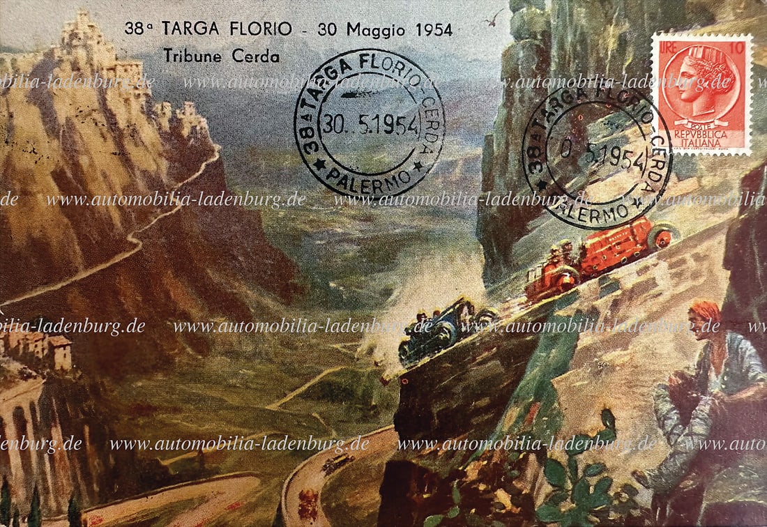 PIERO TARUFFI /LANCIA May 30, 1954, postcard of the Targa Florio handsigned by Piero and Isabella (1 of 2)