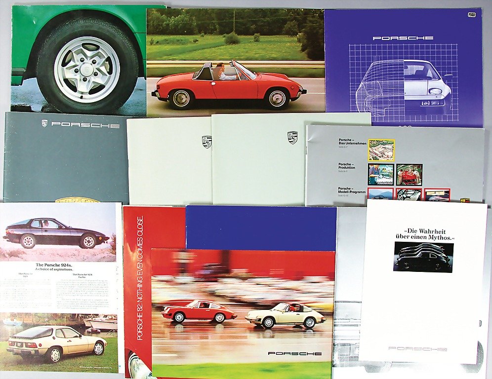 PORSCHE, mixed lot of sales brochures and catalogs: PORSCHE, mixed lot of sales brochures and catalogs, all in all 13 pieces, among them a folder in English Porsche 914, 4 pages, 1974, Porsche 911 SC Turbo sales catalog, c. 1978, brochure type 928 1980