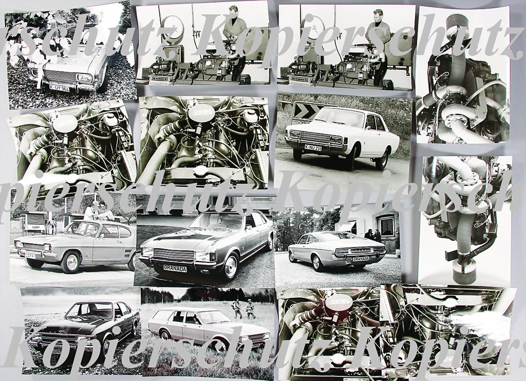 MOTOR SPORT PHOTOGRAPHER ARCHIVE KURT WÖRNER, 15 : MOTOR SPORT PHOTOGRAPHER ARCHIVE KURT WÖRNER, 15 original B/W press photos, Ford, e.g. Granada, Consul, Cabri, and photos of the engine of the Ford 20 MRS with May turbocharger, (18 x 13 cm), partly 