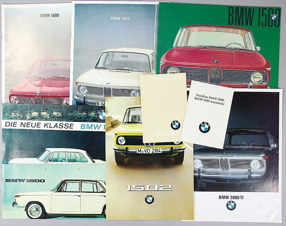 BMW, mixed lot of 11 pieces, No. 1: sales catalog: BMW, mixed lot of 11 pieces, No. 1: sales catalog BMW 1500, punched, 1962, No. 2: sales catalog BMW 1600, No. 3: folder BMW 2000 TI, 4 pages, No. 4: flyer BMW 1600, punched, 1965, No. 5: brochure BMW