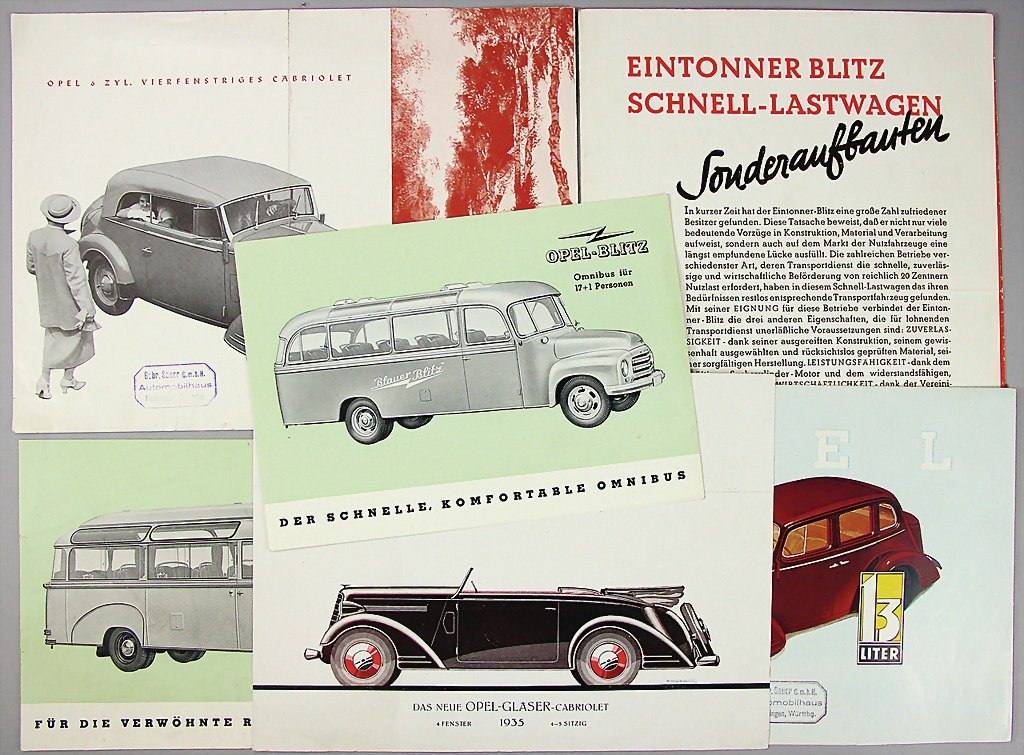 OPEL, mixed lot of 5 pieces, among them 2 x folde: OPEL, mixed lot of 5 pieces, among them 2 x folder Opel Blitz, bus fro 17 persons, 4 pages, brochure Opel 1 ton flash, special superstructures, 12 pages, 1 brochure Opel six-cylinder convertible with 