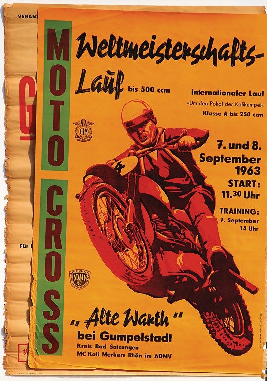 2 posters, 1x 1954, motorbike grass track racing,: 2 posters, 1x 1954, motorbike grass track racing, and racing car form 3500 ccm with GDR-champion Willy Lehmann/ Kurt Ahrens/ Kurt Kuhnkel Halle-Saale-Ring, (85 x 61 cm), at left and right edge with sm
