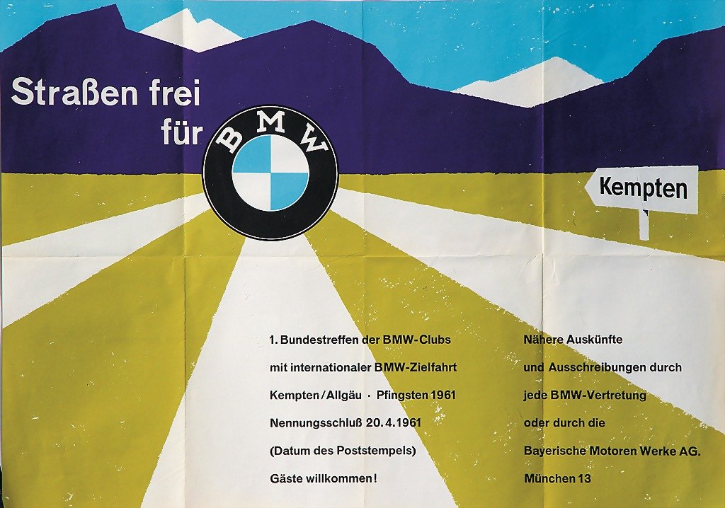 BMW, D Whitsun 1961, poster, 1st federal meeting : BMW, D Whitsun 1961, poster, 1st federal meeting des BMW-Clubs, with international BMW-destination race, (84 x 59.5 cm), with traces of folding, otherwise good condition, rare German Description BMW D