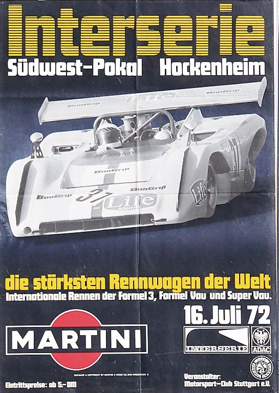 poster: Interserie Südwest-cup Hockenheim 1972, w: poster: Interserie Südwest-cup Hockenheim 1972, with traces of folding and smaller holes caused by hanging up, 84 x 59 cm German Description Veranstaltungsplakat: Interserie Südwest-Pokal Hockenheim