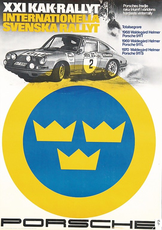 PORSCHE RACING POSTER, "XXI KAK Rallyt Internatio: PORSCHE RACING POSTER, "XXI KAK Rallyt Internationella Svenska Rallyt 1970" 119x83.5 cm condition 2 German Description PORSCHE RENNPLAKAT "XXI KAK Rallyt Internationella Svenska Rallyt 1970" 119*83,5 