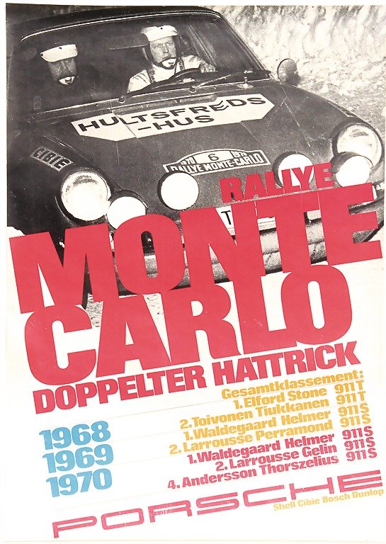 Porsche, racing poster rally Monte-Carlo, double : Porsche, racing poster rally Monte-Carlo, double hat trick, 1968/69/70, study Strenger, 118x84cm, small tear at the lower edge, otherwise good condition German Description Porsche Rennplakat Rallye Mo