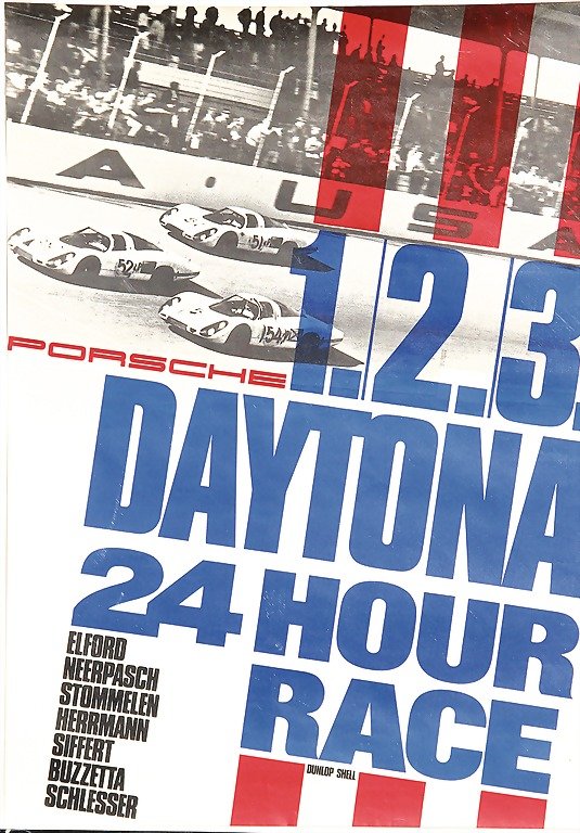 Porsche, racing poster "123 Daytona 24 Hour Race": Porsche, racing poster "123 Daytona 24 Hour Race", 1968, study Strenger, 118x84cm German Description Porsche Rennplakat "123 Daytona 24 Hour Race", 1968, Entwurf Strenger, 118x84cm