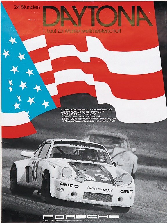 PORSCHE, mixed lot of 6 racing posters No. 1 24 h: PORSCHE, mixed lot of 6 racing posters No. 1 24 hours Daytona 1977, No. 2 24 hours Daytona 1982, No. 3 Monza Sprint 1986, No. 4 advertisement Porsche 959, No. 5 racing poster 924 SCCA 1980, No. 6 1000