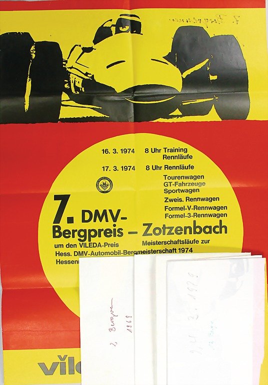 posters, mixed lot of 6 pieces, 1x "2. DMV Bergpr: posters, mixed lot of 6 pieces, 1x "2. DMV Bergpreis Zotzenbach 1. Lauf zur hessischen DMV Rennmeisterschaft 1969", (84 x 57.5 cm); 1x Olympic rally 1972, (60 x 42 cm); 2x Grand Prix of Germany world 