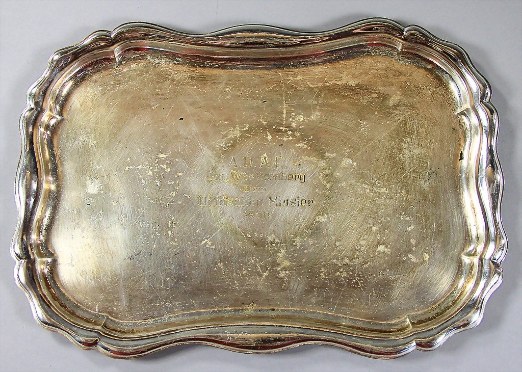 RUDI GOLDERER, silver bowl with engraving "ADAC G: RUDI GOLDERER, silver bowl with engraving "ADAC Gau Württemberg dem Deutschen Meister 1956" 33x22cm German Description RUDI GOLDERER Silberschale mit Gravur "ADAC Gau Württemberg dem Deutschen Meist