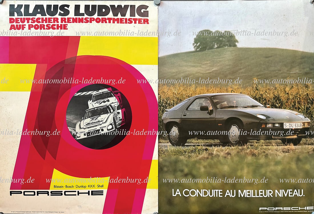 PORSCHE Mixed lot of 9 racing and advertising posters including Porsche passenger car family tree; (1 of 5)