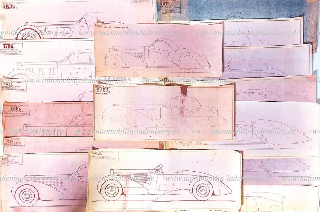 BUGATTI Mixed lot of 16 original blueprints Bugatti Type 57 "Carrosserie Gangloff", dated 1936-1938, (1 of 1)
