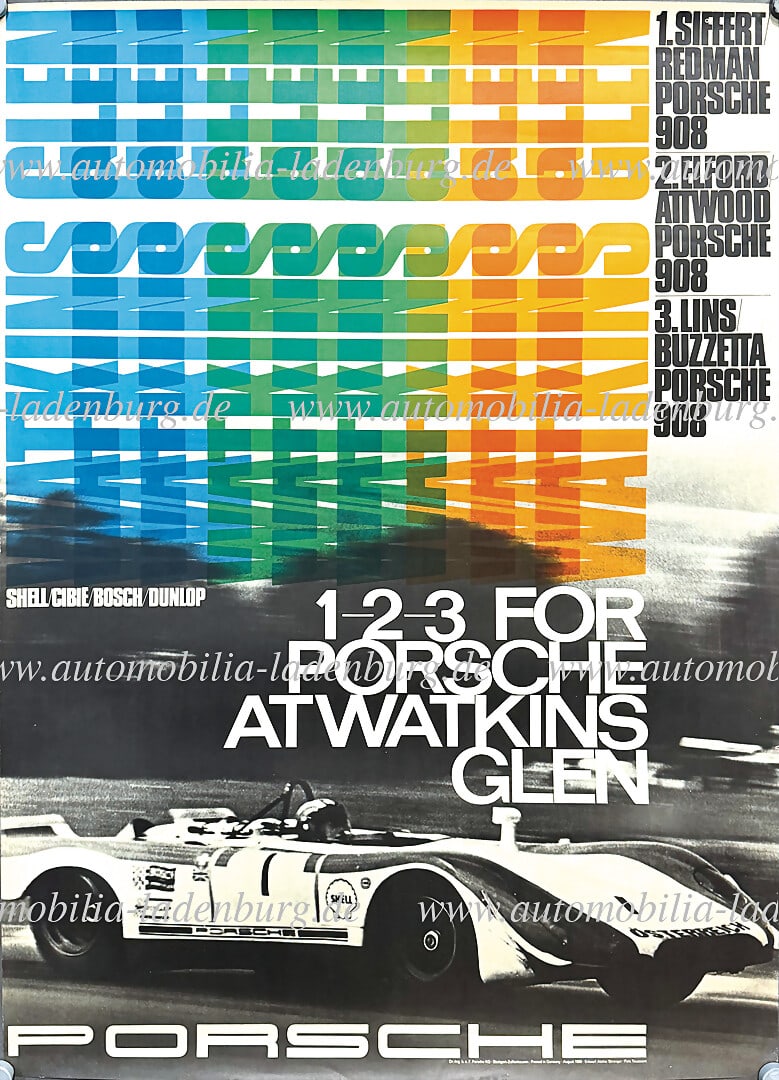PORSCHE 1969, original racing poster "1-2-3 for Porsche at Watkins Glen", design Strenger, August (1 of 1)