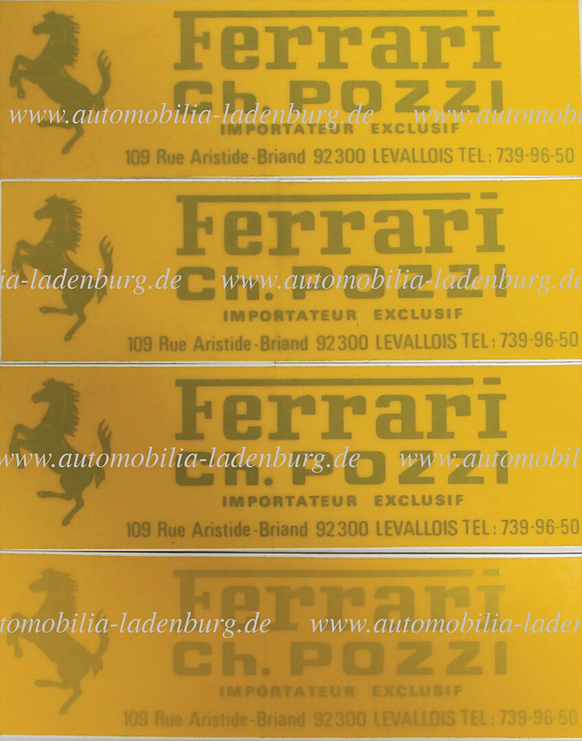FERRARI / CHARLES POZZI 60s, mixed lot of 4 original vehicle stickers for windshield inside "Charles: FERRARI / CHARLES POZZI 60s, mixed lot of 4 original vehicle stickers for windshield inside "Charles Pozzi", 5,5x17cm, good condition, rare German Description FERRARI / CHARLES POZZI 60er Jahre, Konvo