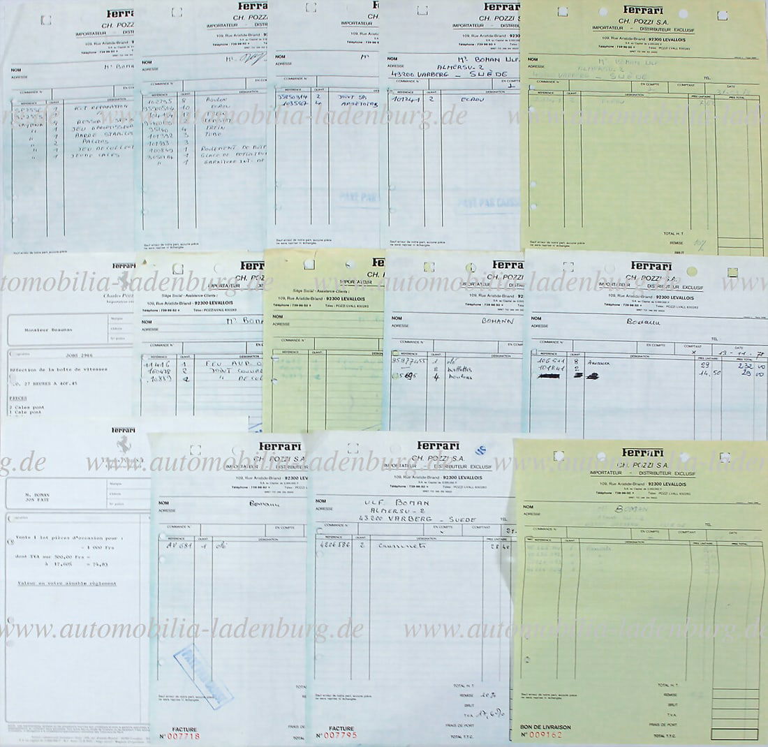 ULF "BARBAROSSA" BOMAN 1978, bundle of invoices from Charles Pozzi to Ulf Boman, mainly racing spare: ULF "BARBAROSSA" BOMAN 1978, bundle of invoices from Charles Pozzi to Ulf Boman, mainly racing spare parts for the conversion of the Ferrari 365 GTB/4 (#13219), unique contemporary documents German De