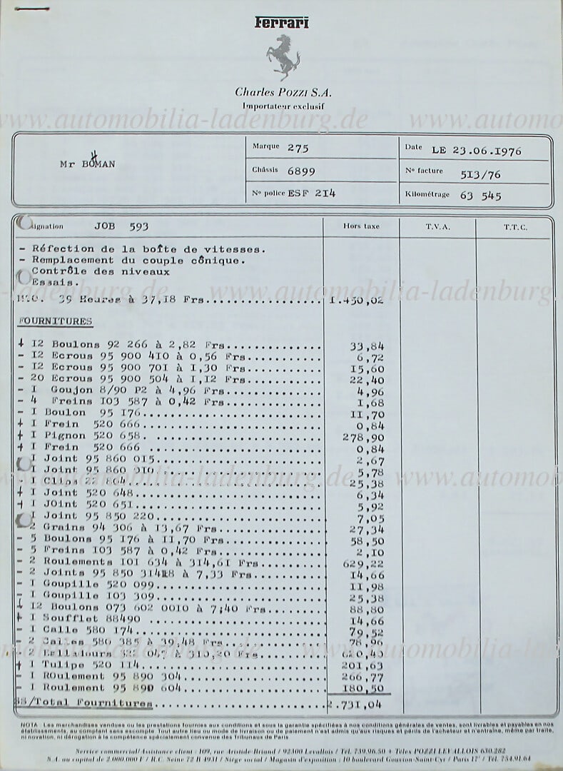 ULF "BARBAROSSA" BOMAN 23.06.1976, two-page invoice from Charles Pozzi to Ulf Boman, spare parts for: ULF "BARBAROSSA" BOMAN 23.06.1976, two-page invoice from Charles Pozzi to Ulf Boman, spare parts for Ferrari 275 GTB (#6899) German Description ULF "BARBAROSSA" BOMAN 23.06.1976, zwei Seiten Rechnung