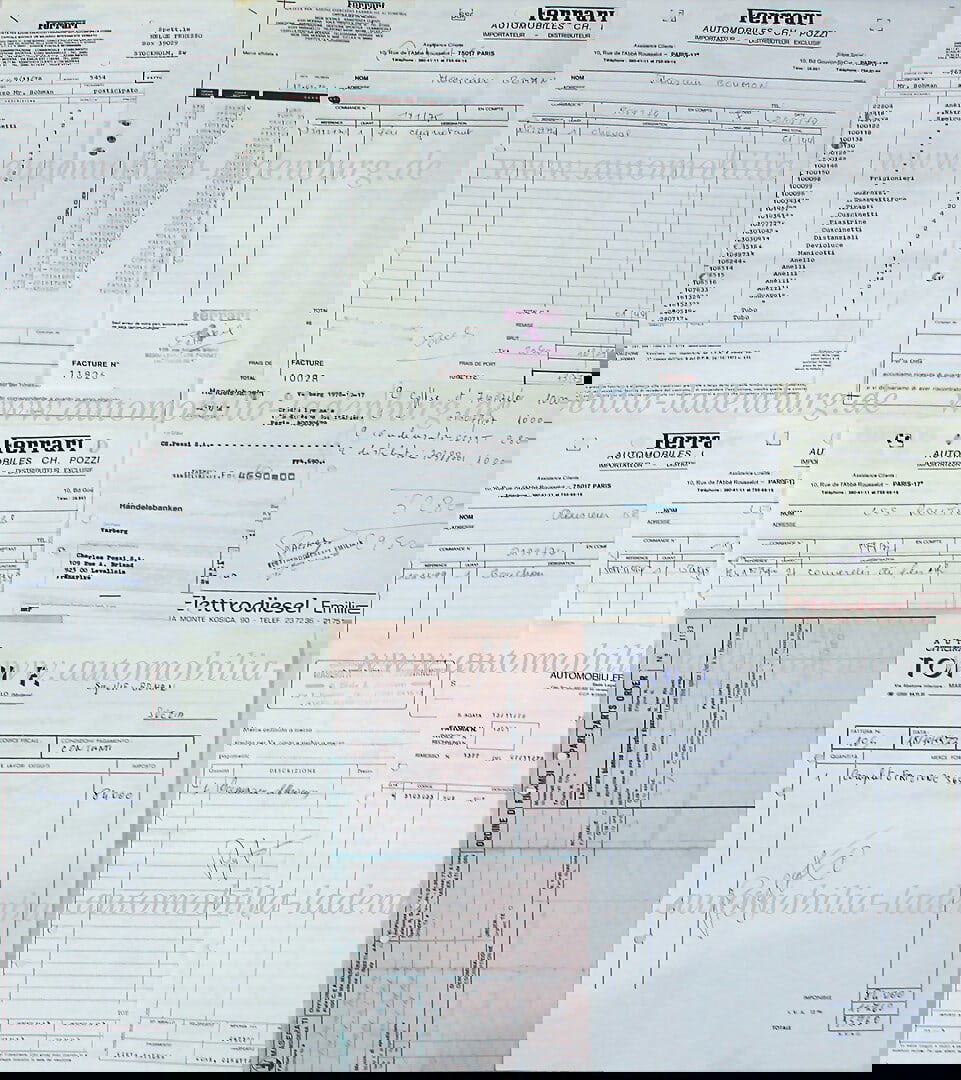 ULF "BARBAROSSA" BOMAN 70s, bundle of 16 pages of invoices from Ferrari Modena and Charles Pozzi,: ULF "BARBAROSSA" BOMAN 70s, bundle of 16 pages of invoices from Ferrari Modena and Charles Pozzi, plus an invoice from Maserati and Lamborghini and other documents German Description ULF "BARBAROSSA"