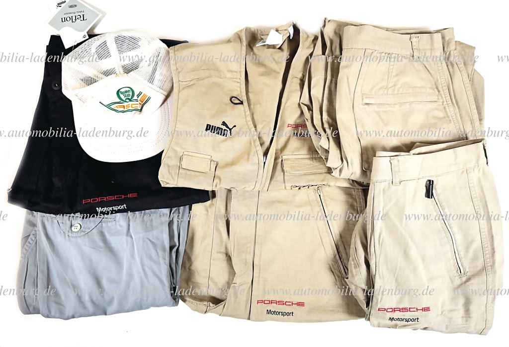 PORSCHE Mixed lot of team clothing Porsche Motorsport by Puma, including mechanic vest, 2 cargo: PORSCHE Mixed lot of team clothing Porsche Motorsport by Puma, including mechanic vest, 2 cargo pants; 2 shorts, each size M (3x with label unworn), as well as mechanic pants (Steinebronn), size 48C, 