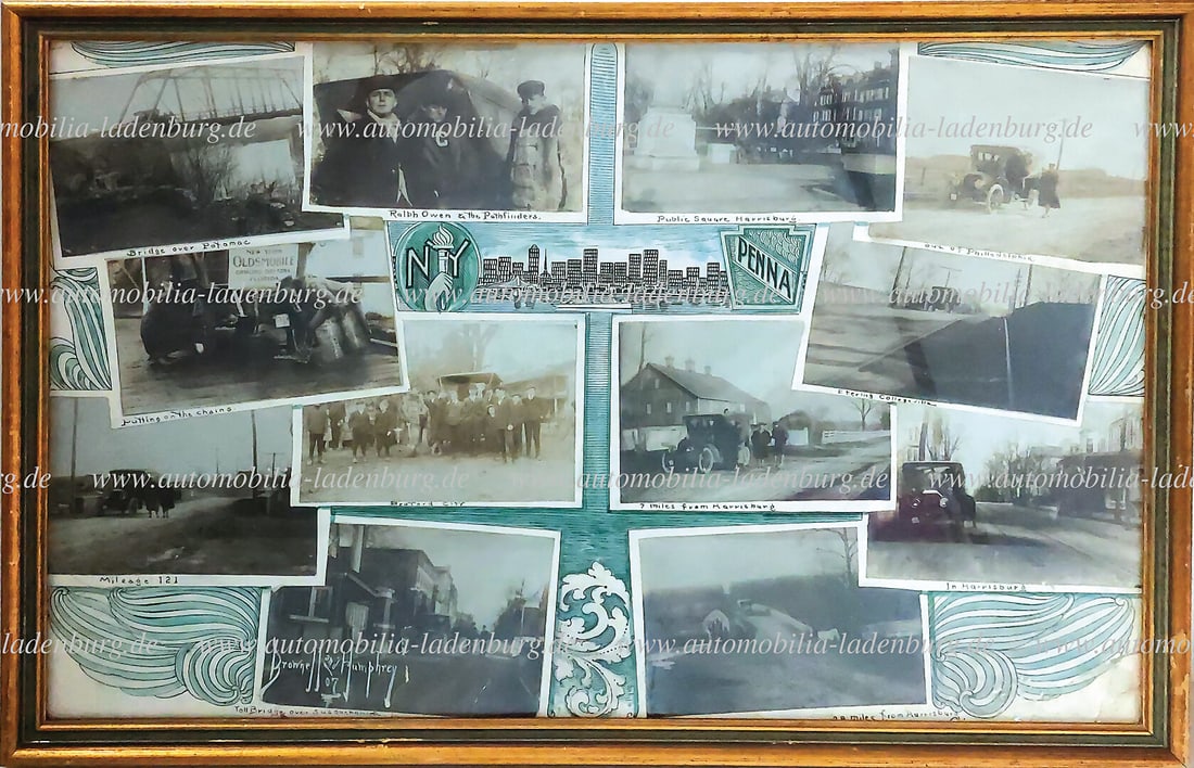 OLDSMOBILE Collage with a total of 12 original b/w photographs "The Daytona Run 1906", Oldsmobile: OLDSMOBILE Collage with a total of 12 original b/w photographs "The Daytona Run 1906", Oldsmobile "Mudlark", Ralph Owen and his three passengers Roland Corneille, F.W.Work and Andrew Auble Jr., New Yo