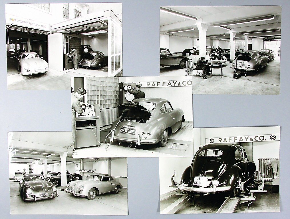 PORSCHE/ RAFFAY, mixed lot of 6 large-format B/W photos: PORSCHE/ RAFFAY, mixed lot of 6 large-format B/W photos by the publicity department, dated 1956, photo Porsche 356 A in the workshop on a test station, and Volkswagen Beetle Ovali at the measuring sta