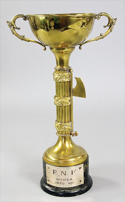 GIUSEPPE CAMPARI/ TAZIO NUVOLARI, cup Monza, with put o: GIUSEPPE CAMPARI/ TAZIO NUVOLARI, cup Monza, with put on badge P.N.F. Monza 1930 VIII, height 46cm German Description GIUSEPPE CAMPARI/ TAZIO NUVOLARI Pokal Monza, mit aufgesetzter Plakette P.N.F. Mon