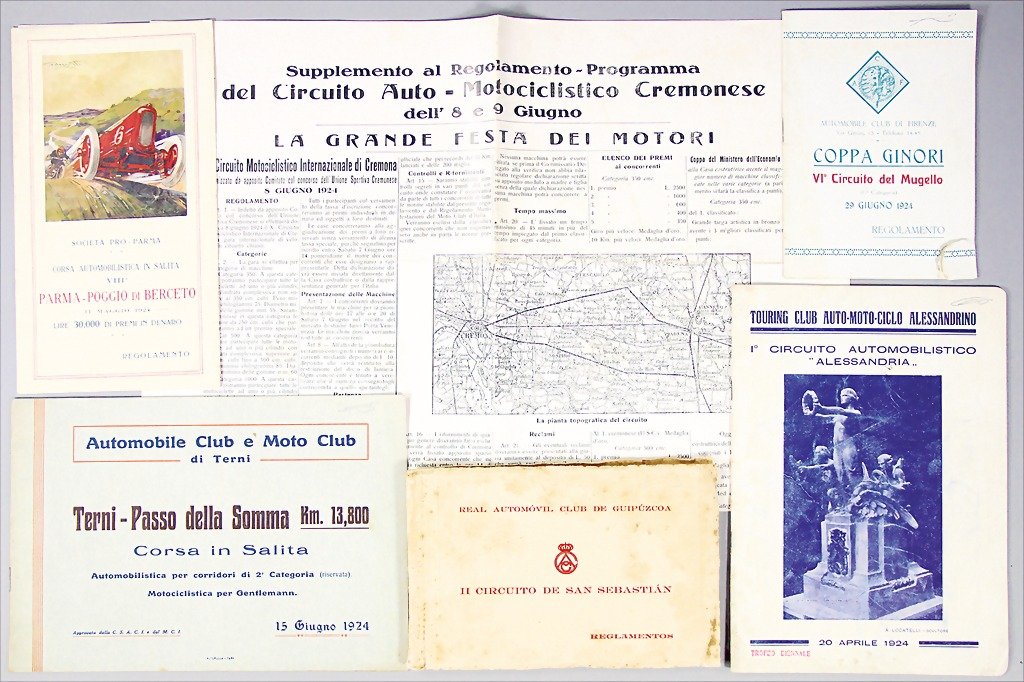 GIUSEPPE CAMPARI, mixed lot of 4 Regolamentos from the : GIUSEPPE CAMPARI, mixed lot of 4 Regolamentos from the racing year 1924, 1x Coppa Ginori, 1x Parma-Poggio di Berceto, 1x II Circuito de San Sebastian, 1x Terni-Passo della Somma, 1x 1st Circuito Auotm