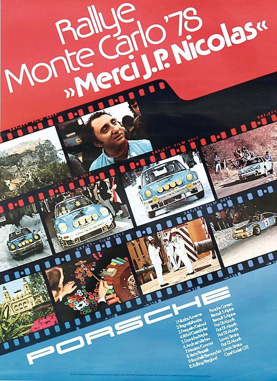 PORSCHE, racing poster, rally Monte-Carlo 1978 "Merci J: PORSCHE, racing poster, rally Monte-Carlo 1978 "Merci J.P. Nicolas", study: Strenger, (101 x 76 cm); condition: 2 German Description PORSCHE Rennplakat, Rallye Monte-Carlo 1978 "Merci J.P. Nicolas", E