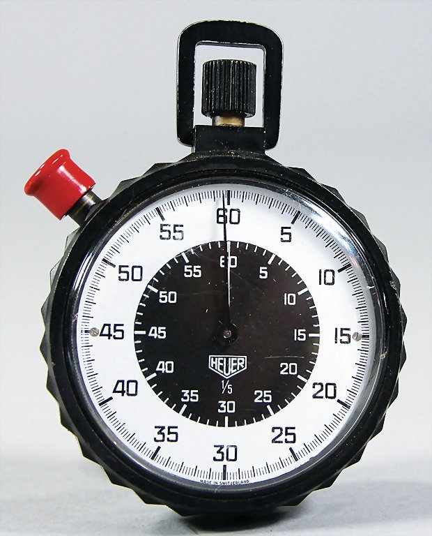 HEUER, stopwatch, mechanic mechanism 1/5 sec, late '70s: HEUER, stopwatch, mechanic mechanism 1/5 sec, late '70s, good condition German Description HEUER Stoppuhr, mechanisches Werk 1/5 sec, Ende 70er Jahre, guter Zust.