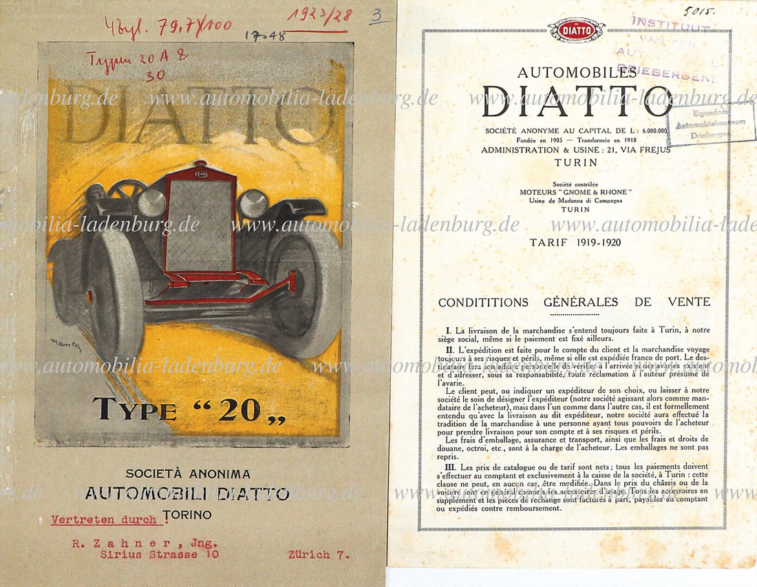 DIATTO Folding brochure Diatto Type 20, 6 pages French text (notes in upper margin), price list, (1 of 1)