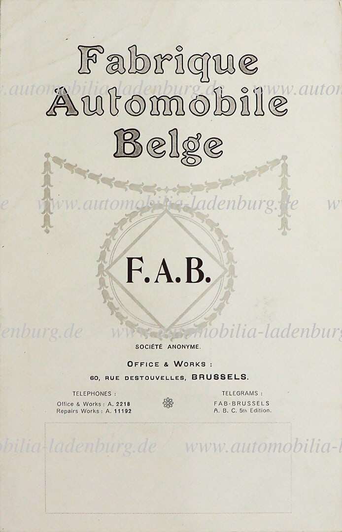 FABRIQUE AUTOMOBILE BELGE 1913, folding brochure F.A.B. Type Special 20HP Model B / Type 12/15 Model (1 of 1)