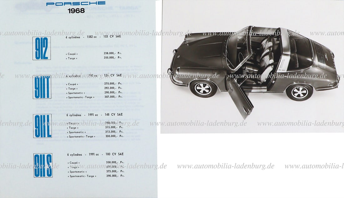 PORSCHE 1968, prices of the Porsche models 1968, with supplement technical data Porsche 911 Taga, (1 of 1)