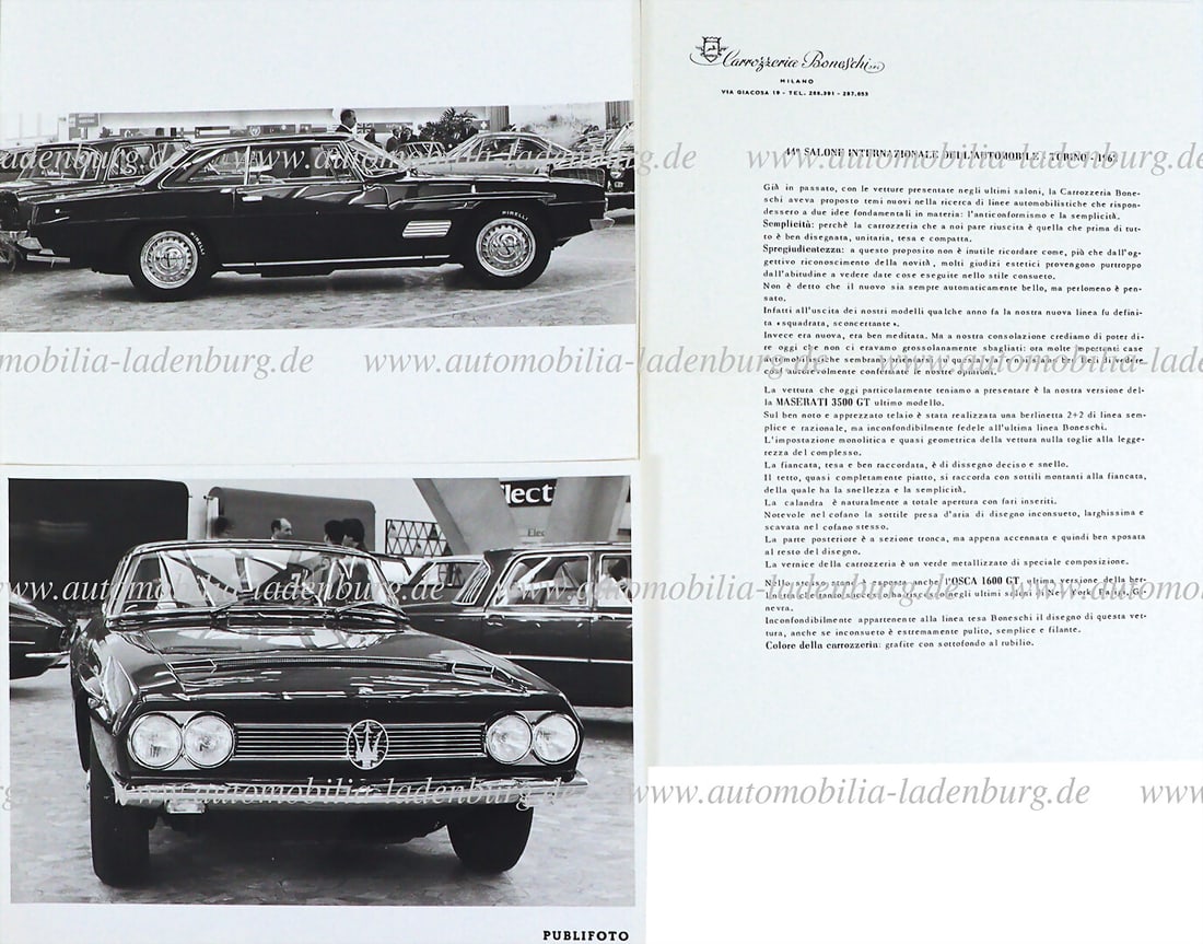 MASERATI / CARROZZERIA BONESCHI 1962, press release Carrozzeria Boneschi, Salone Automobile Torino: MASERATI / CARROZZERIA BONESCHI 1962, press release Carrozzeria Boneschi, Salone Automobile Torino 1962, incl. 2 b/w factory photos Maserati 3500, ital. Text German Description MASERATI / CARROZZERIA 