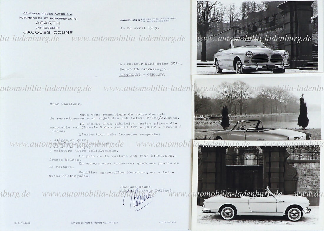 CARROSSERIE JACQUES COUNE April 26, 1963, offer letter Volvo Astrid 122 Cabriolet J. Coune, incl. 3 (1 of 2)