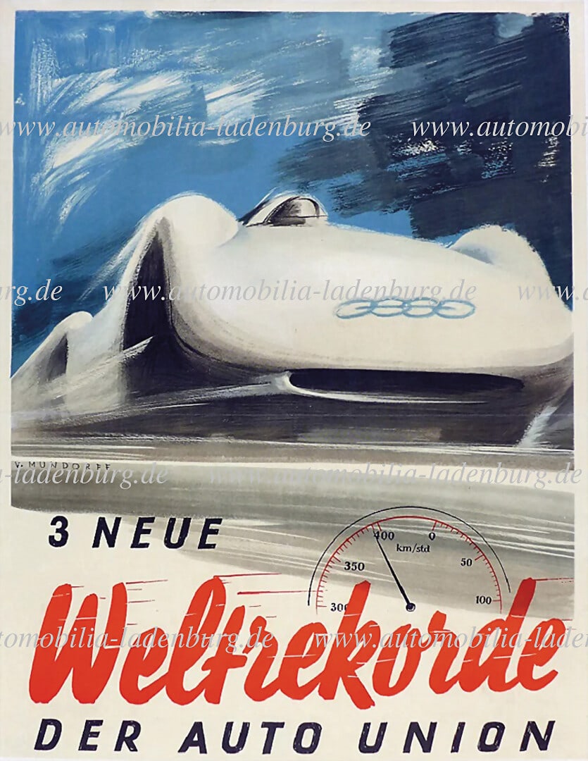 AUTO UNION 1937, original racing poster "3 new world records of the Auto Union", beautiful design by (1 of 1)