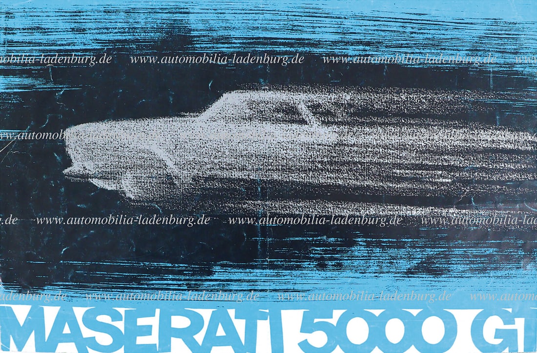MASERATI Sales brochure, Maserati 5000GT, 4 pages, text in four languages, folding crease in the: MASERATI Sales brochure, Maserati 5000GT, 4 pages, text in four languages, folding crease in the middle, back with pencil note, and small missing part at the lower corner German Description MASERATI V
