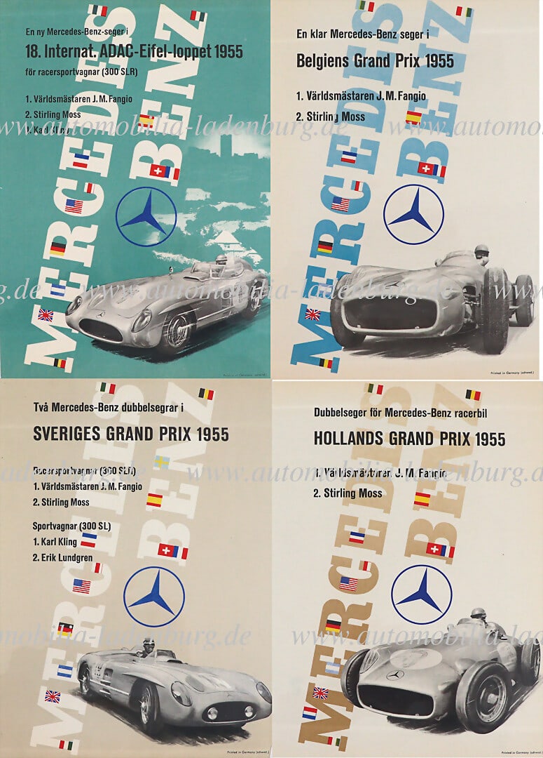 MERCEDES-BENZ 1955, mixed lot of 4 race posters (small format DinA4), GP Netherlands 1955, ADAC (1 of 1)