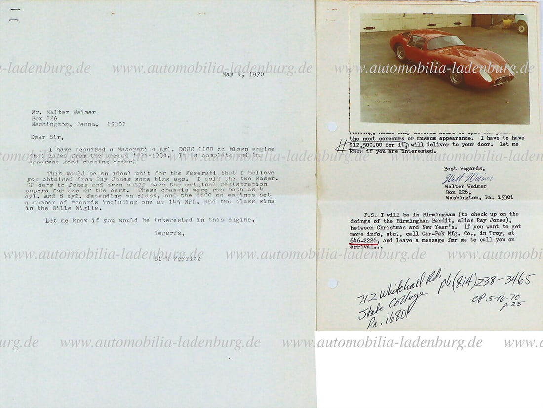 1969/70, correspondence between Walter Weimer and Richard Merritt, here Weimer offers the Maserati (1 of 1)