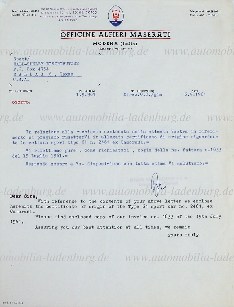 MASERATI Modena 06.09.1961, letter from "Officine Alfieri Maserati" to "Hall-Shelby Distributors (1 of 1)