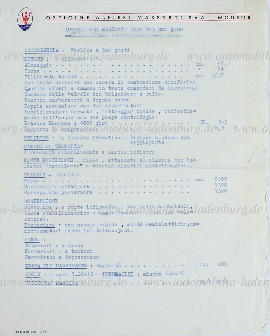 MASERATI 1957, technical data sheet Maserati Gran Turismo 5000, Italian text, small traces of usage, (1 of 1)