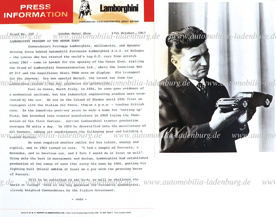 LAMBORGHINI 1967, Press report Lamborghini London Motorshow, English text, with original b/w (1 of 1)