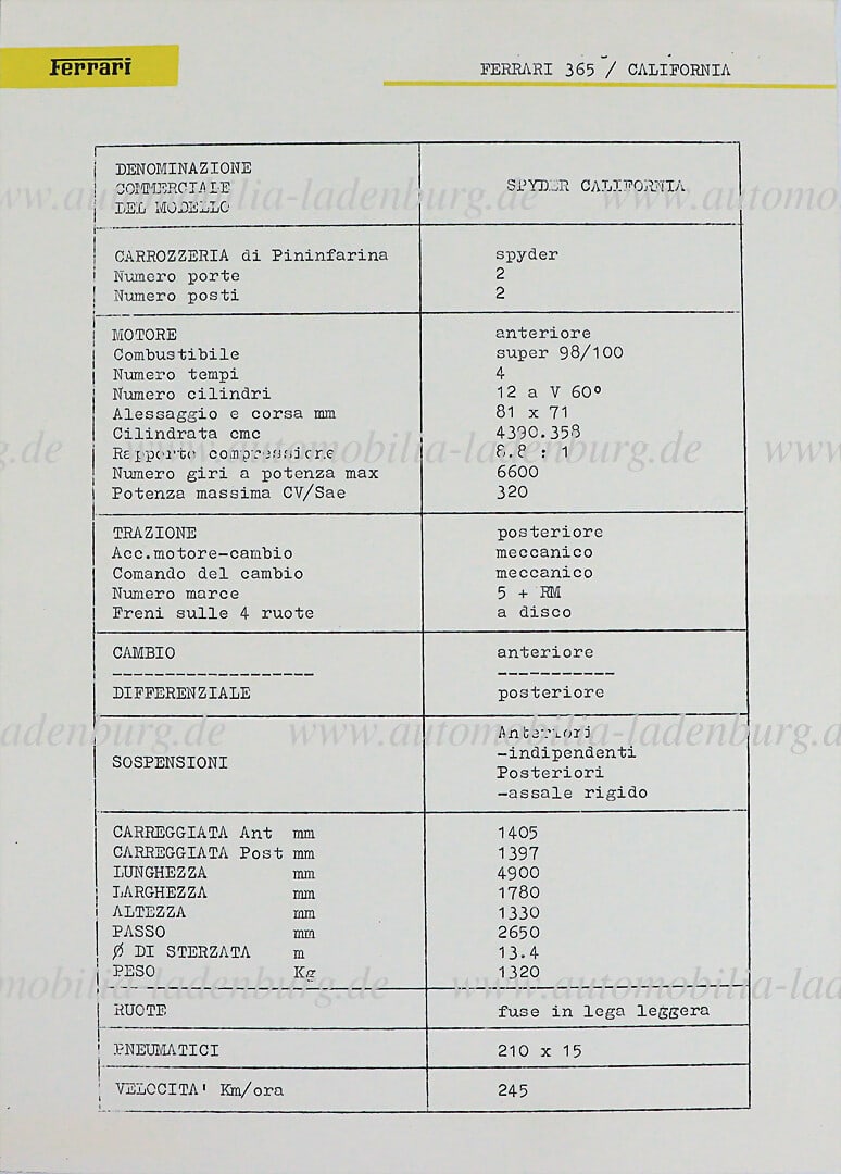 FERRARI Technical data sheet, Ferrari 365 California Spyder, Italian text, good condition German: FERRARI Technical data sheet, Ferrari 365 California Spyder, Italian text, good condition German Description FERRARI Technisches Datenblatt, Ferrari 365 California Spyder, italienischer Text, guter Zu
