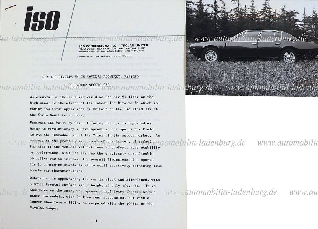 ISO Press release, Iso Rivolta S4, 2 pages with technical data, English text, plus original b/w (1 of 2)