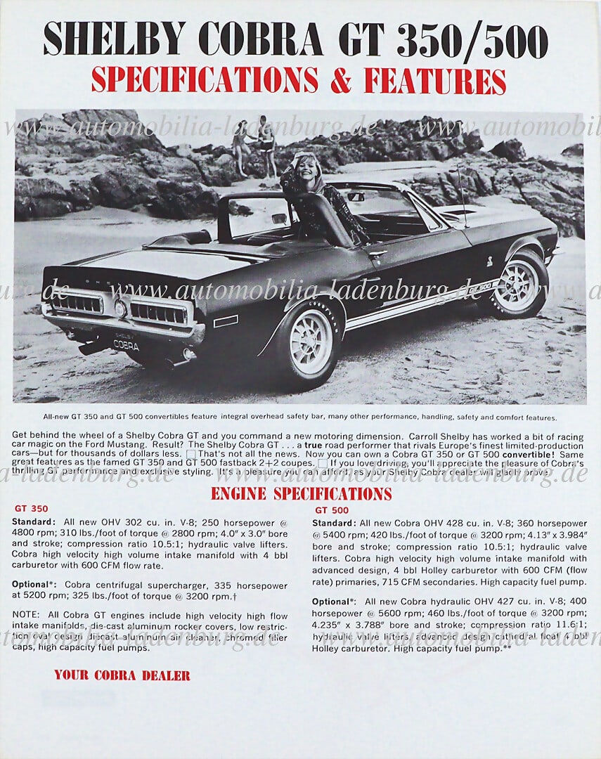 SHELBY 1967, flyer, Shelby Cobra GT 350/500, with technical data, printed on both sides, English (1 of 1)