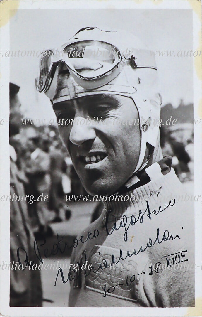 AUTO UNION/TAZIO NUVOLARI 1938, hand-signed photo postcard with dedication by Tazio Nuvolari, dated (1 of 2)