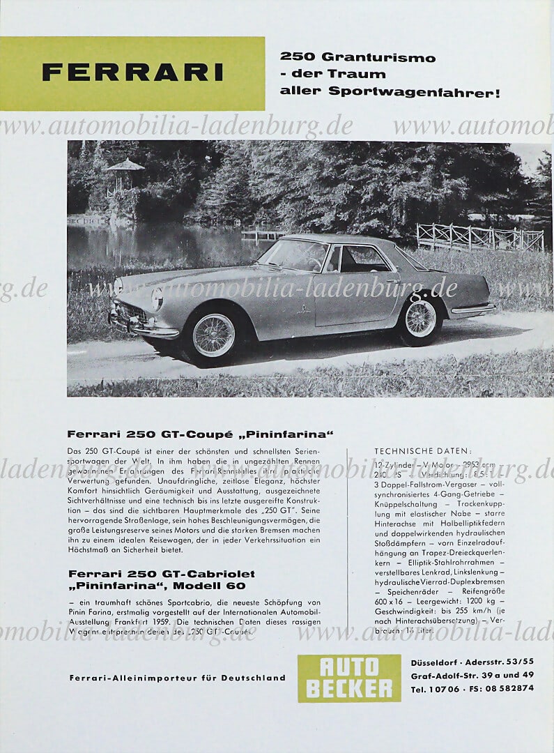 FERRARI Brochure Auto Becker technical data sheet Ferrari 250 Granturismo, German text German (1 of 1)